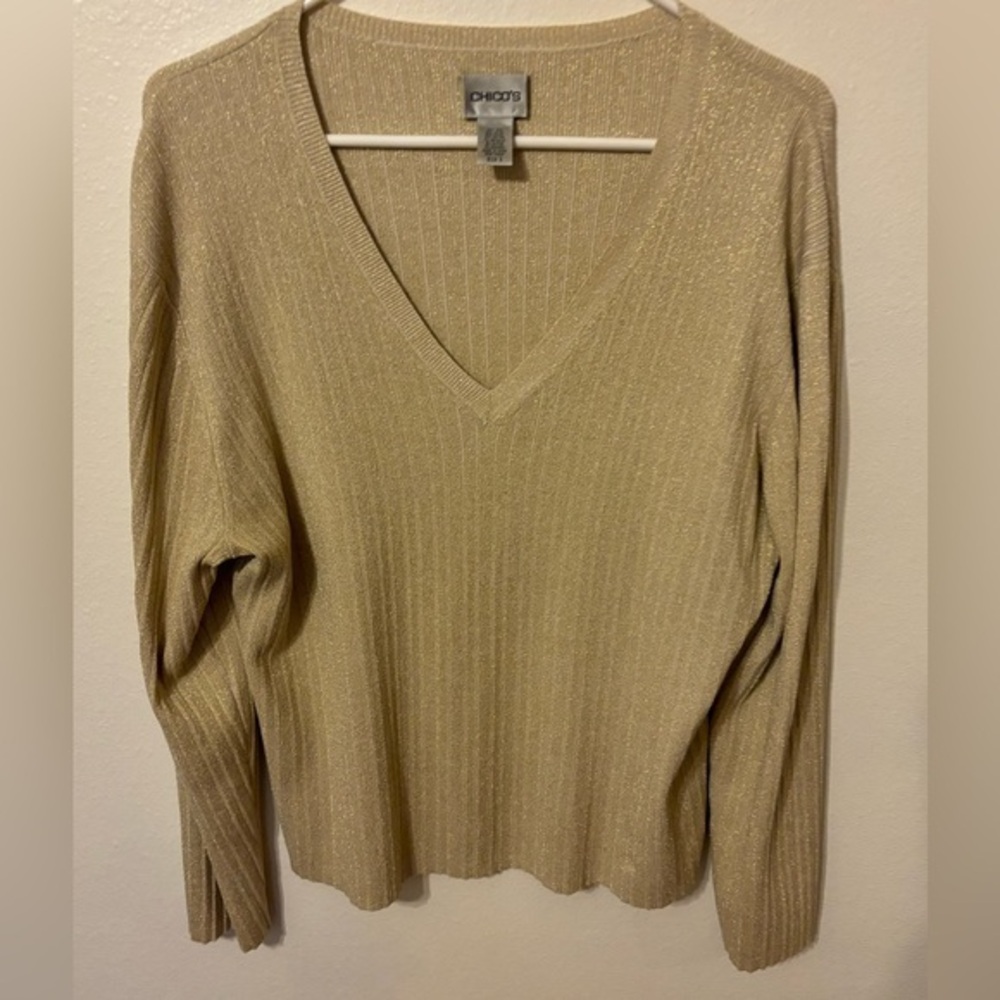Chico’s Gold Metallic Holiday Party Festive Long Sleeve Sweater Size 3 or Large